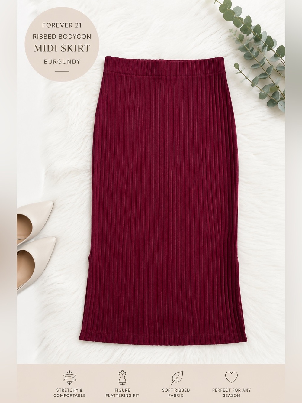 Forever 21 Ribbed Bodycon Midi Skirt in Burgundy